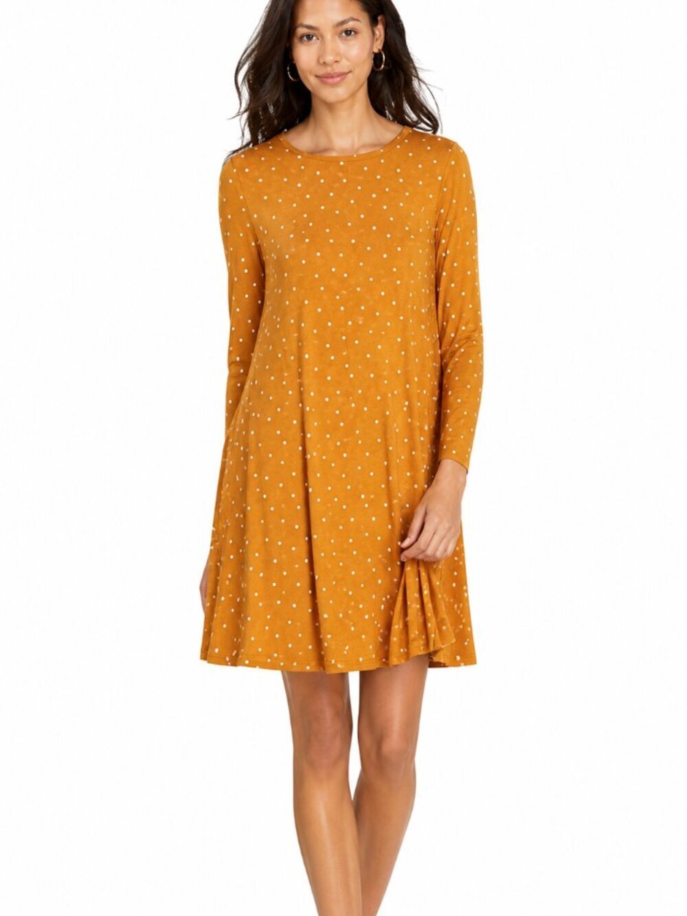 Old Navy Polka Dot Swing Dress Long Sleeve Mustard Yellow Medium